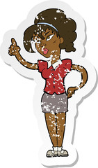 retro distressed sticker of a cartoon woman with idea