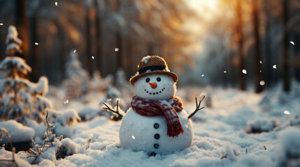 Snowman standing outside on a winters day. Christmas season concept - obrazy, fototapety, plakaty