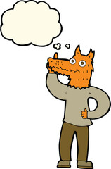 cartoon fox man with idea with thought bubble