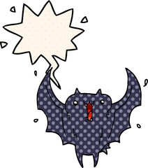 cartoon happy vampire bat with speech bubble in comic book style