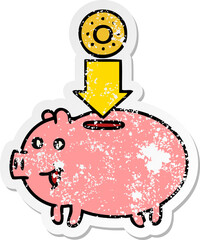 distressed sticker of a cute cartoon piggy bank