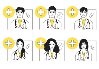 Set of friendly asian, black female and male doctors with yellow clothes, black colors of hair on white background for icons, profiles, stickers, wallpapers	