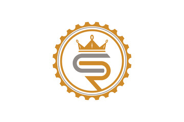 Cog gear logo shape with CR initial lettering icon symbol and luxury royal crown.