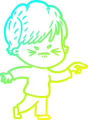 cold gradient line drawing of a cartoon frustrated woman
