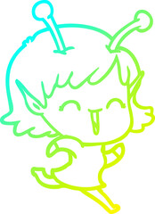 cold gradient line drawing of a cartoon alien girl laughing