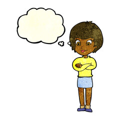 cartoon proud woman with thought bubble