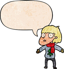 cartoon surprised christmas person with speech bubble in retro texture style