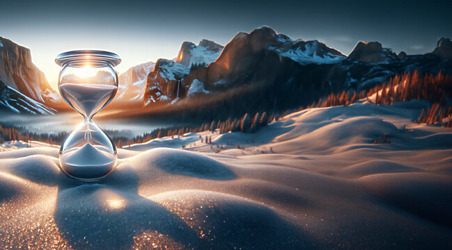 A crystal hourglass in the middle of the snow, with a sunrise and mountains in the background.