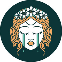 iconic tattoo style image of female face with third eye and crown of flowers cyring