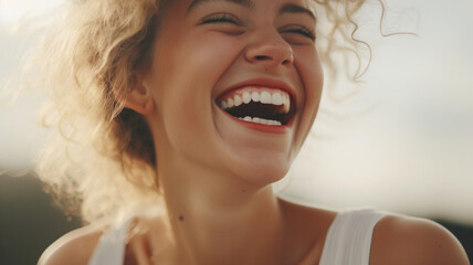 Close-up emphasizing the vibrant and joyous laughter of a white-skinned person captured up close - obrazy, fototapety, plakaty