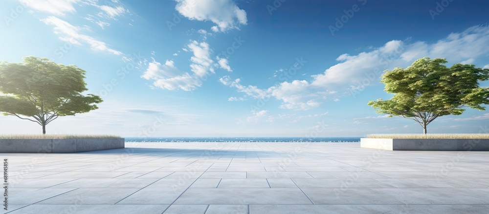 Aufkleber Future architecture and blue sky backdrop in an empty city park with a concrete floor Copy space image Place for adding text or design
