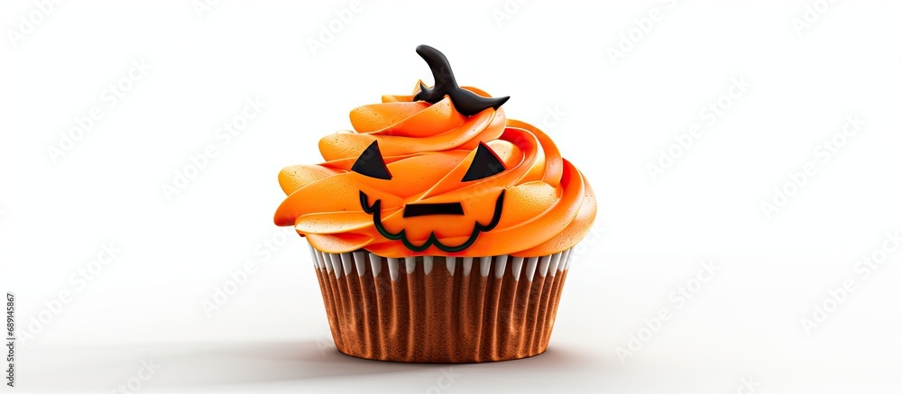 Poster Halloween themed cupcake with a pumpkin Jack o lantern design Copy space image Place for adding text or design