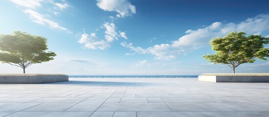 Future architecture and blue sky backdrop in an empty city park with a concrete floor Copy space image Place for adding text or design - Powered by Adobe