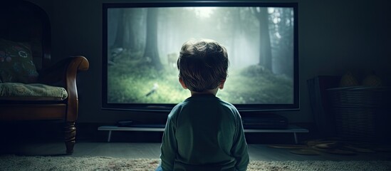 Caucasian boy addicted to TV and video games Copy space image Place for adding text or design - obrazy, fototapety, plakaty