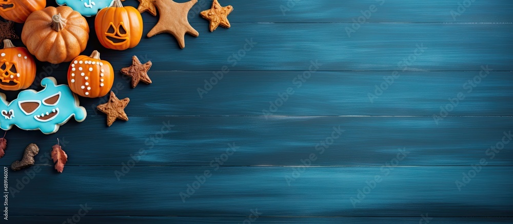 Aufkleber New Halloween gingerbread cookies on blue table Copy space image Place for adding text or design
