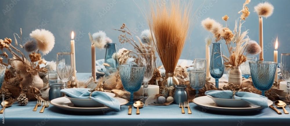 Poster Boho wedding decor in vibrant blue and gold Festive table setting Copy space image Place for adding text or design