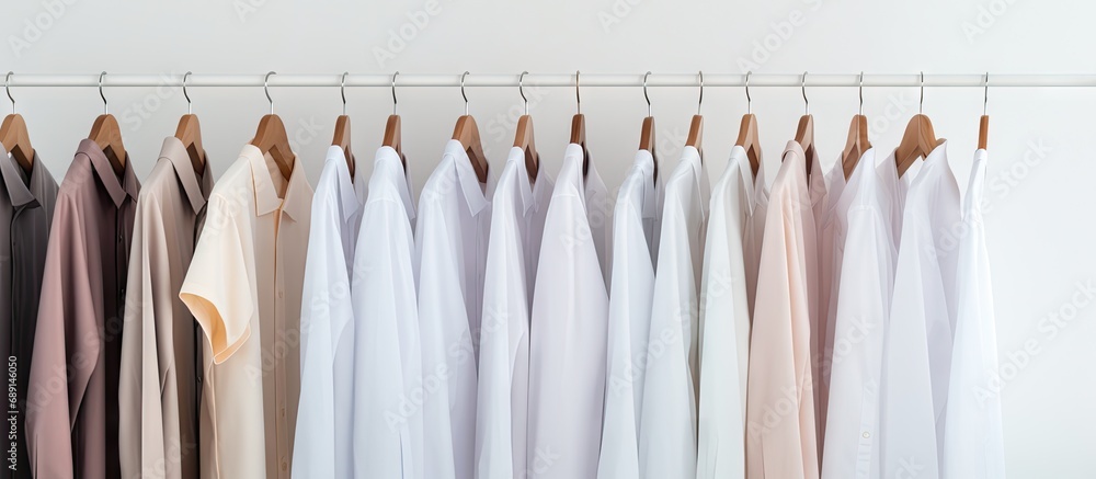 Poster Close up of laundry rack with clean shirts Copy space image Place for adding text or design