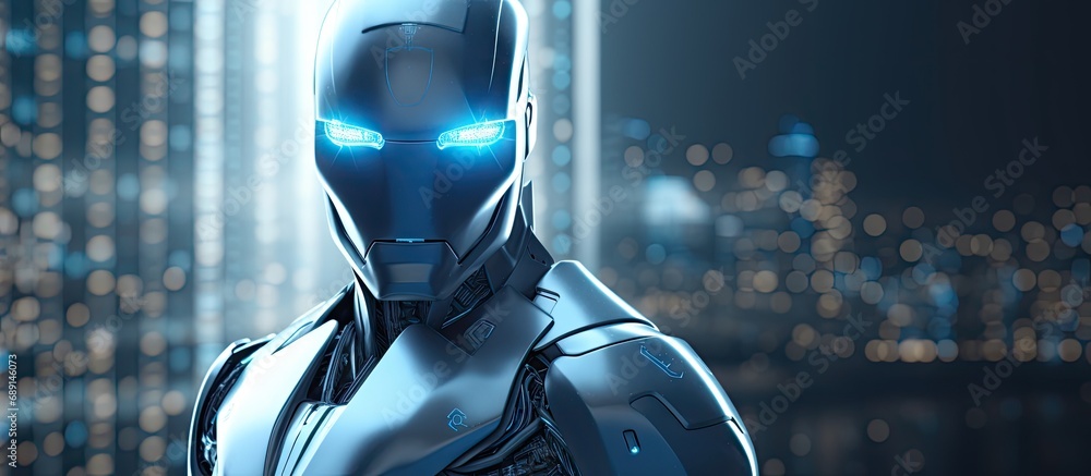 Poster Cyber security concept with AI technology modernizes cyborg robot with data protection shield Copy space image Place for adding text or design