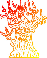 warm gradient line drawing of a cartoon spooky tree