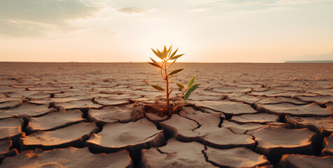 Plant growing in dried cracked mud, the concept of nature taking over, and climate change - obrazy, fototapety, plakaty