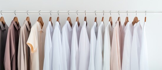 Close up of laundry rack with clean shirts Copy space image Place for adding text or design