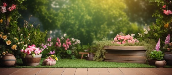 Garden background for photoshoot and babysitter session Copy space image Place for adding text or design - obrazy, fototapety, plakaty