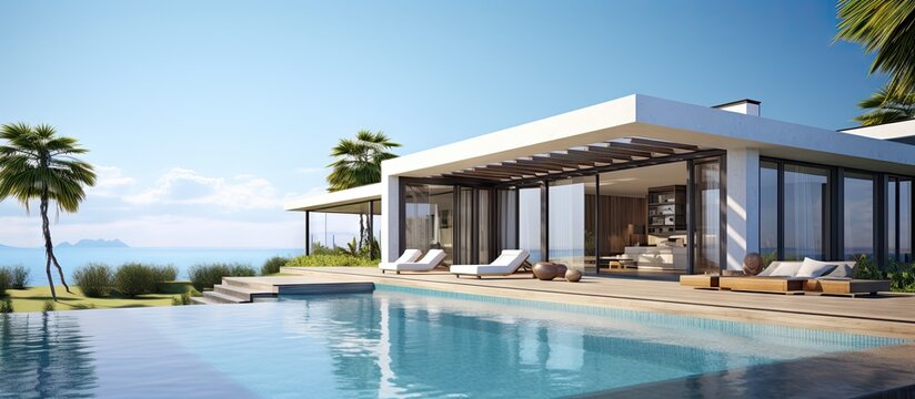 Contemporary holiday villa with a modern design sea view pool and terrace Copy space image Place for adding text or design