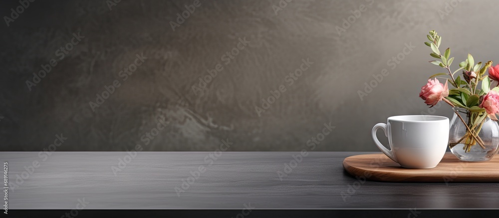 Poster beautiful coffee cup on island or table countertop in modern kitchen with dark grey design interior 