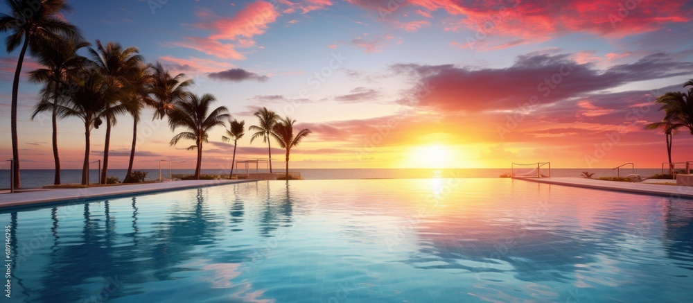 Poster Luxurious beachfront resort with palm trees infinity pool and serene sunset views on a tropical island Copy space image Place for adding text or design