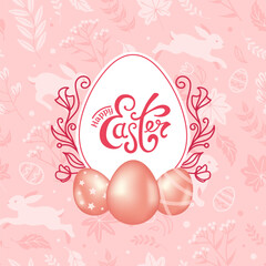 Happy Easter. Square pink banner, shiny chocolate eggs in realistic style, spring flowers, rabbits. Vintage lettering. Vector illustration for posters, cards, banners, fabric printing. Christ is risen