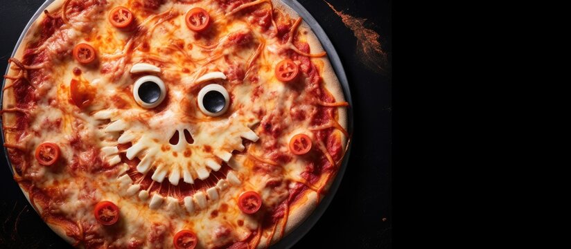 Healthy and enjoyable Halloween pizza treats for kids featuring spooky ghost toppings Copy space image Place for adding text or design