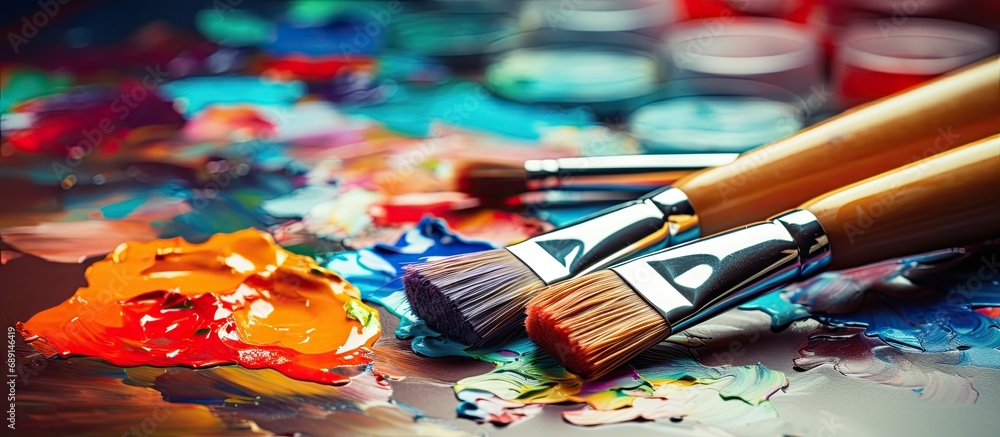 Poster Mixing colors with art brushes during the creative process of painting pictures using different paints and brushes for creativity Copy space image Place for adding text or design