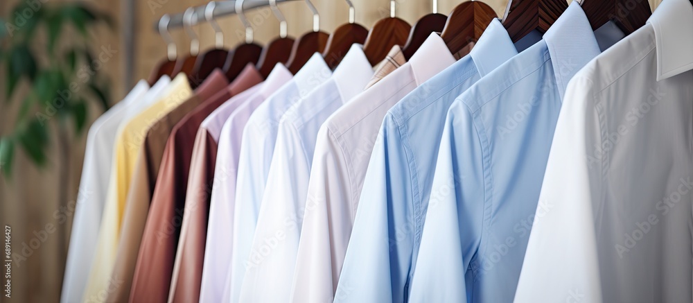 Poster Close up of laundry rack with clean shirts Copy space image Place for adding text or design