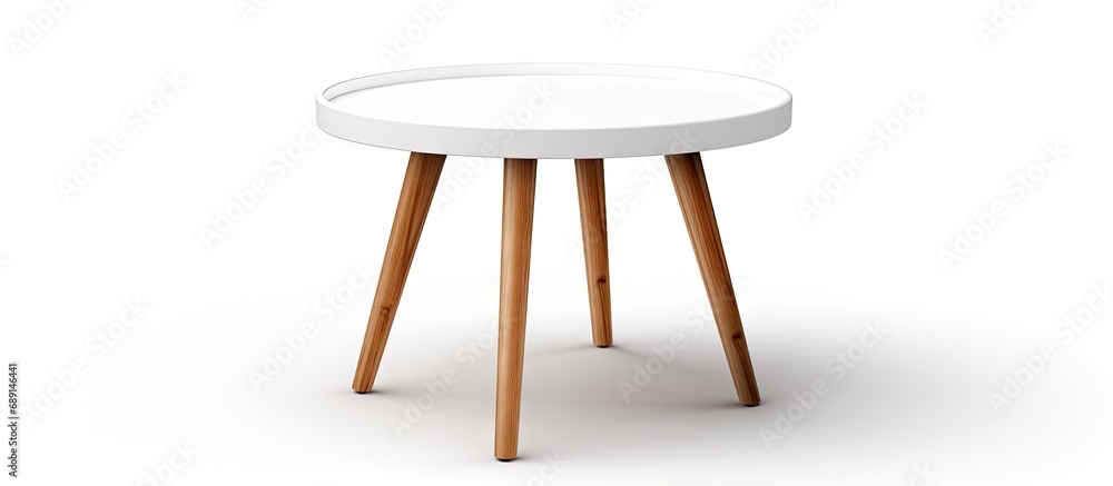 Poster Isolated white small round table with 3 legs Copy space image Place for adding text or design