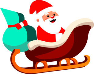 Santa claus with gift bag in the sleigh, Chirstmas, X'mas, clipart, cartoon character, Vector illustration, Flat cartoon style.