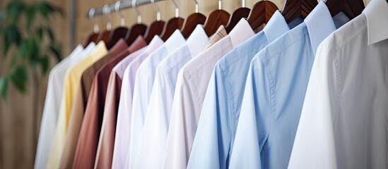 Close up of laundry rack with clean shirts Copy space image Place for adding text or design - obrazy, fototapety, plakaty