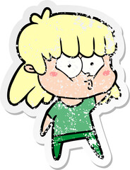 distressed sticker of a cartoon whistling girl