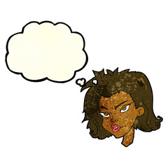 cartoon female face with thought bubble