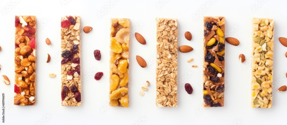 Aufkleber Granola bar used creatively in a flat lay on a white background conveying a food concept Copy space image Place for adding text or design