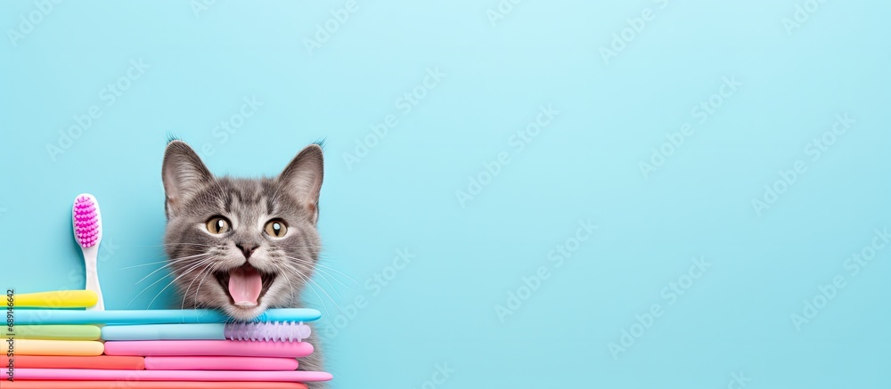 Poster Colorful background with toothbrush adorned cute cat Copy space image Place for adding text or design