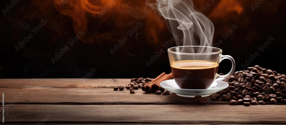 Poster caffeinated cup on rustic wooden background with smoke and beans copy space image place for adding t