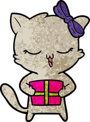 Obraz premium cartoon girl cat with christmas present