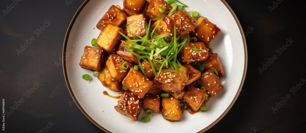 Poster asian tofu dish packed with protein and calcium made with fried teriyaki tofu scallions and sesame s