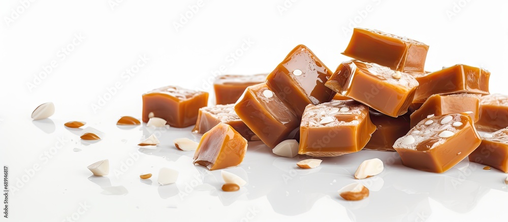 Poster handcrafted sweet treats with toffee caramel chocolate almonds and salt on a white table perfect gif