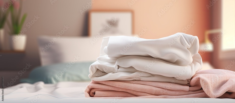 Aufkleber Clean bedding sheets stacked in a blurry laundry room backdrop Copy space image Place for adding text or design