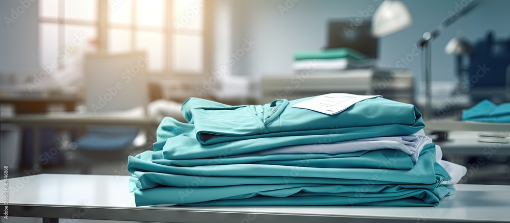 Poster laundry service for medical institutions with clean folded sheets and surgical clothes copy space im