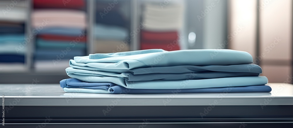 Poster laundry service for medical institutions with clean folded sheets and surgical clothes copy space im