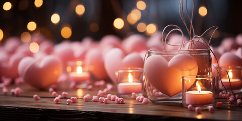 Schönes pink Herz als Geschenk zum Valentin und Muttertag mit goldenen Bokeh im Hintergrund im Querformat für Banner, ai generativ - obrazy, fototapety, plakaty