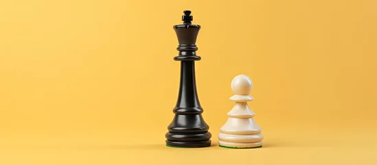 Fotobehang Isolated black and white chess queen on pastel yellow Chess figurine Board and strategy game Minimal concept 3D render Copy space image Place for adding text or design © vxnaghiyev