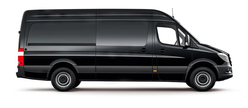 Black van being transported on white background with path Copy space image Place for adding text or design